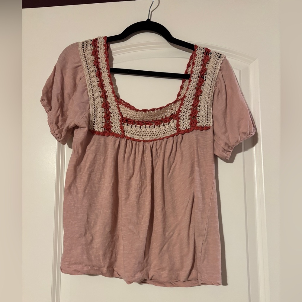 Lucky Brand Pink and Cream Crochet Blouse